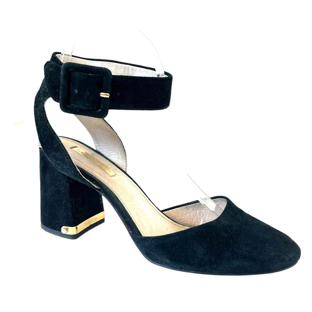 Louise et Cie Ines Black Suede Pumps Women's Sz 8 38.5 Ankle Strap Gold Accent